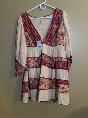 Free People Ivory and Burgundy Boho V-Neck Tunic